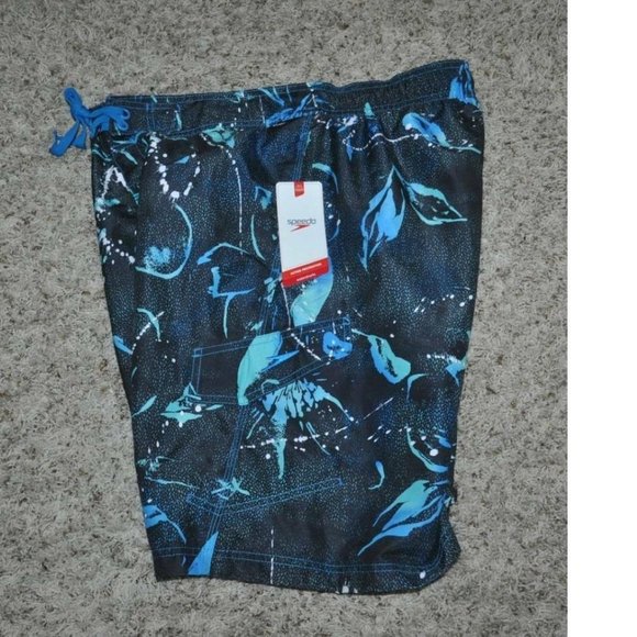 Mens Speedo Swim Suit Trunks Medium Blue Splatter Floral Lined Shorts 9" Inseam - Picture 4 of 6